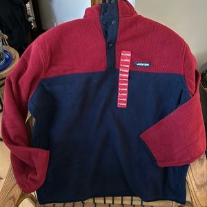 Land End 3/4 snap pull over fleece cranberry type red and navy blue  NWT XL